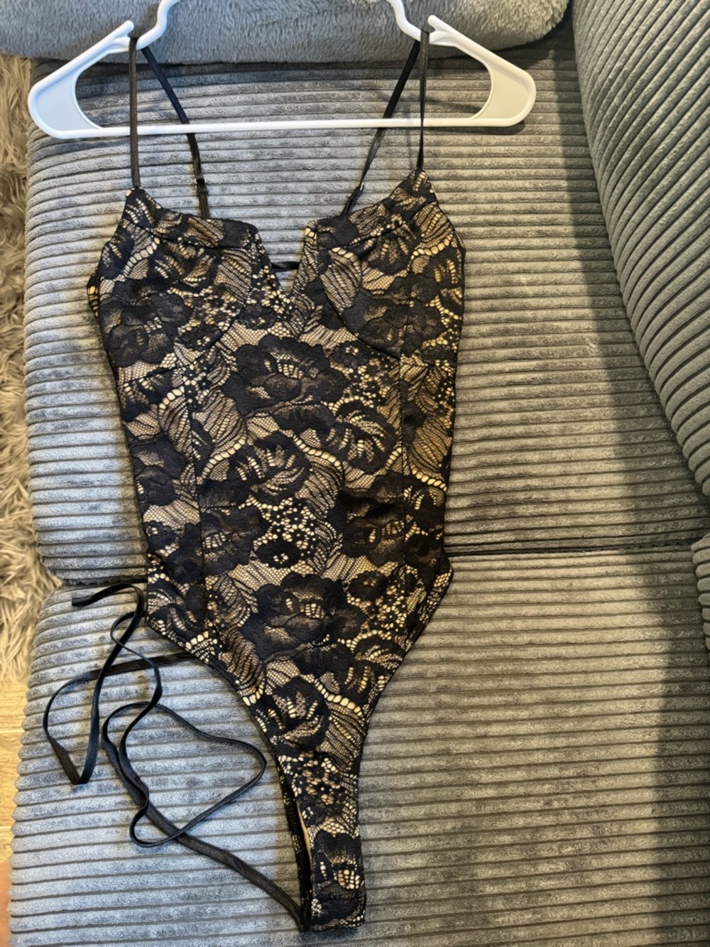 Lulu's Black Lace Overlay Bodysuit with Gold-Beige Underlay and Lace up Back